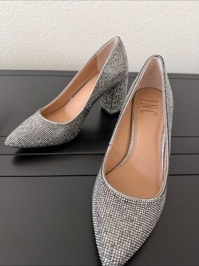 INC International Concepts Silver Rhinestone Pointed-Toe Block Heel Pumps